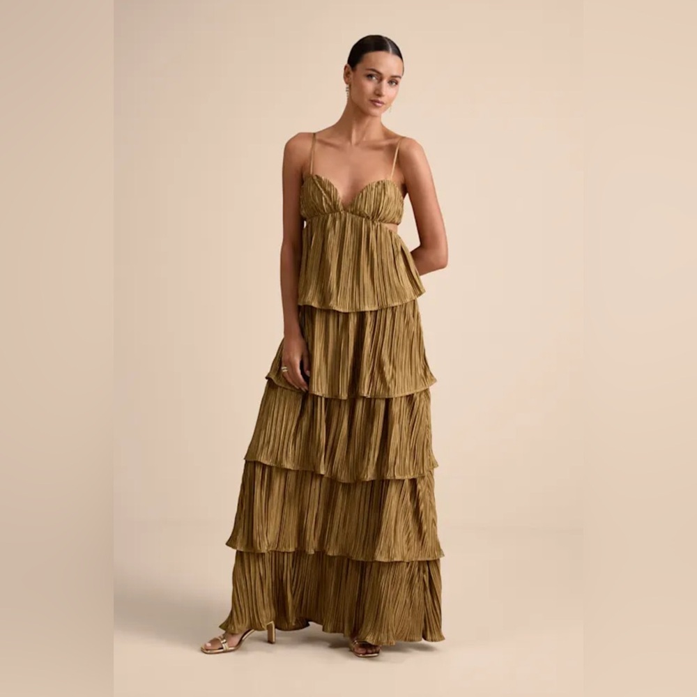 Lulus Kanya Gold Satin Plisse Tiered Maxi Dress